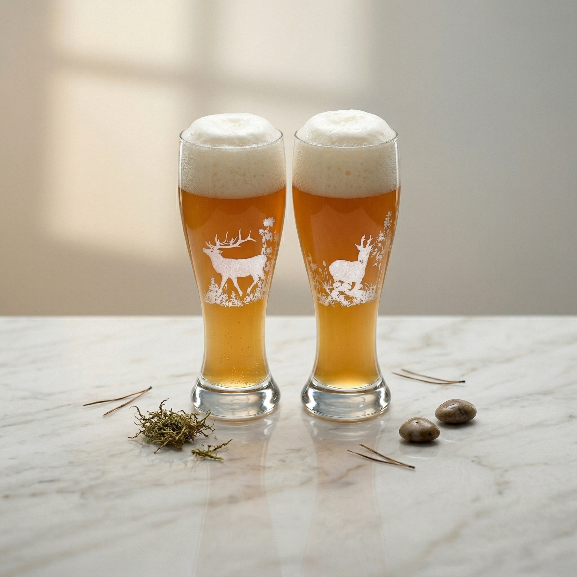 2 x Weizenbierglas mit Gravur: 1x Hirsch 1x Reh