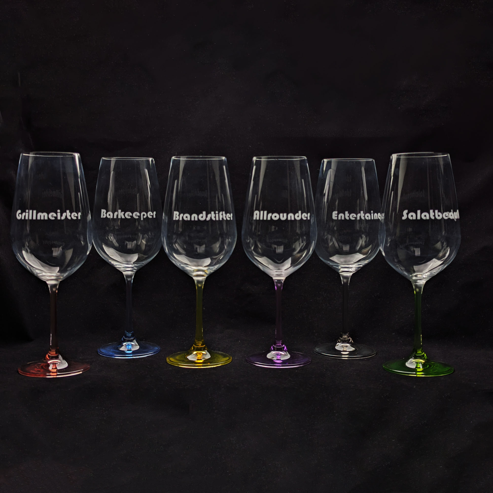 6 Weingläser "Grill Set" mit verschiedenen Gravuren / Farben